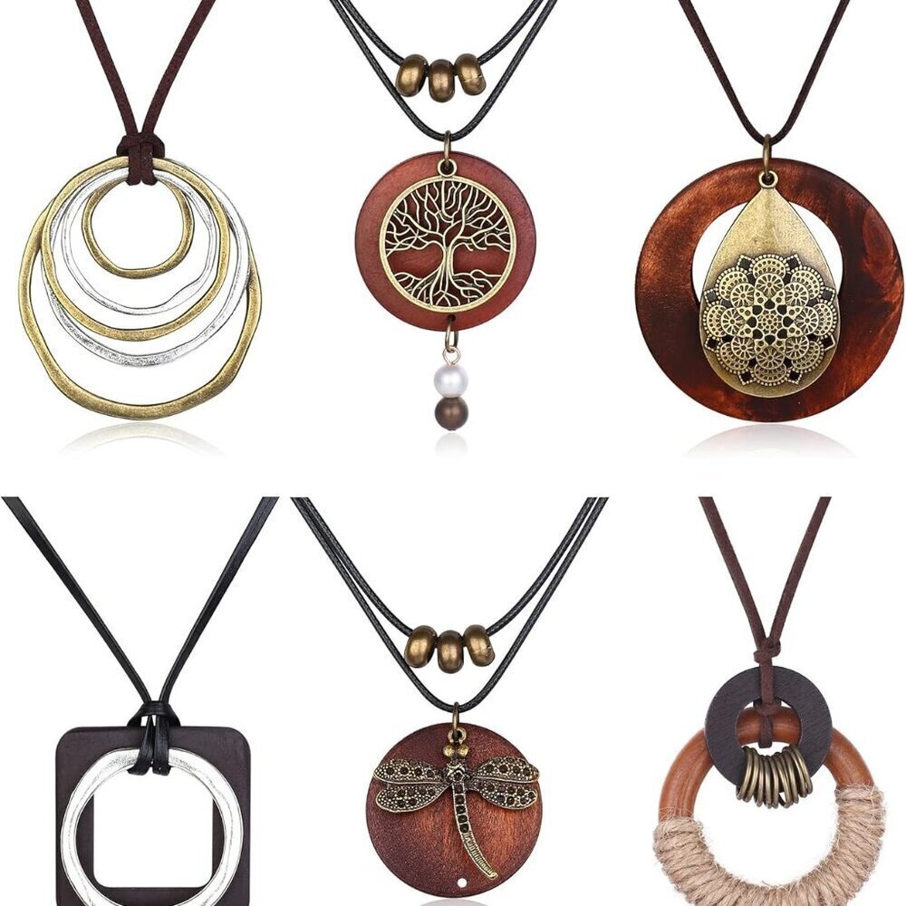 6Pcs Boho Vintage Wood Pendant Necklaces Set Women Layered Statement Jewelry